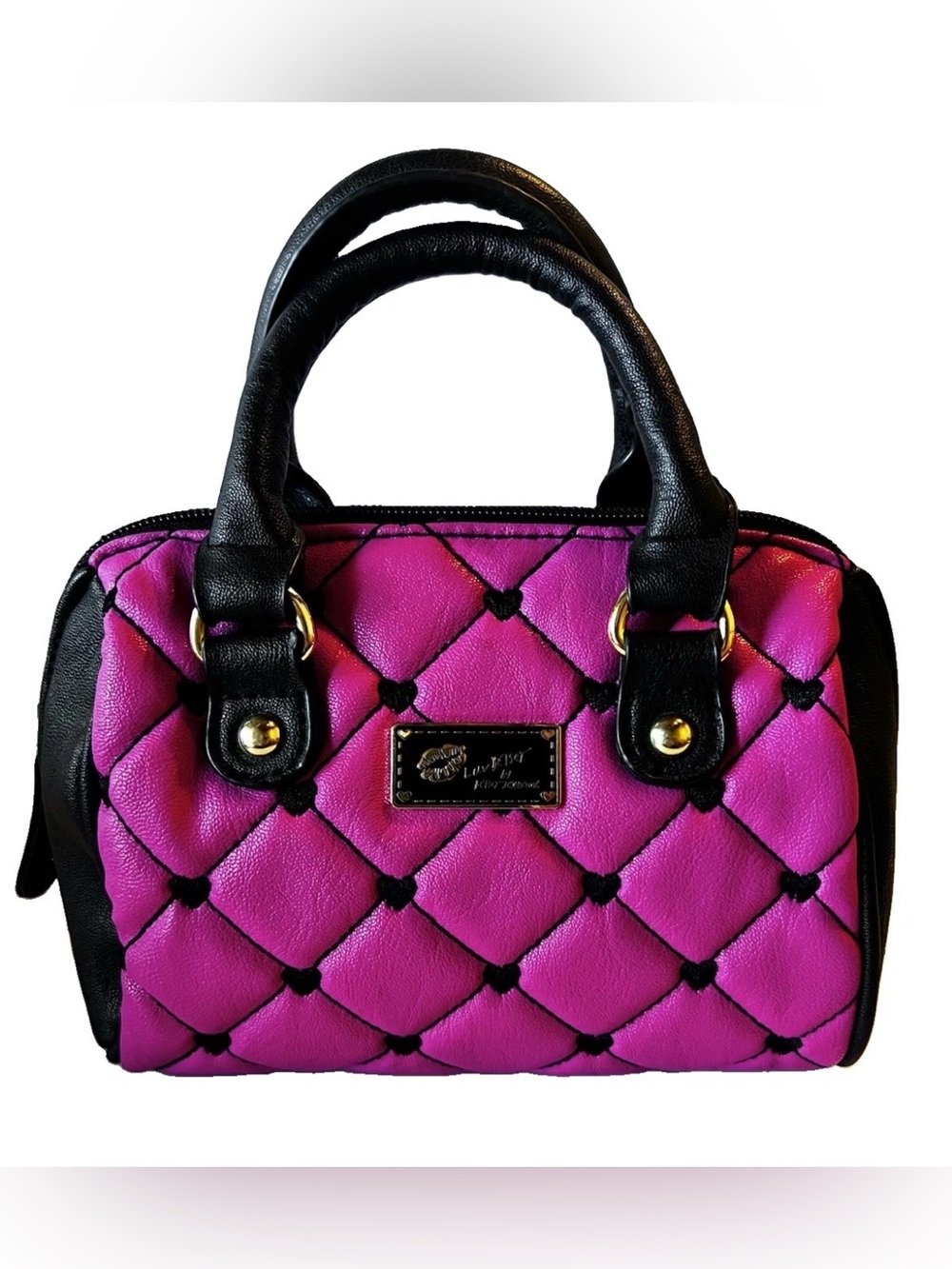Betsey Johnson Luv Betsey Mini Handbag Quilted Pink with Black Hearts 9”x6”